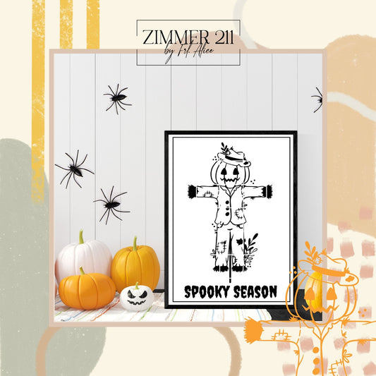 Eingerahmtes Poster-Mockup mit dem Schriftzug Spooky Season und einer illustrierten Vogelscheuche neben weißen und orangefarbenen Kürbissen.