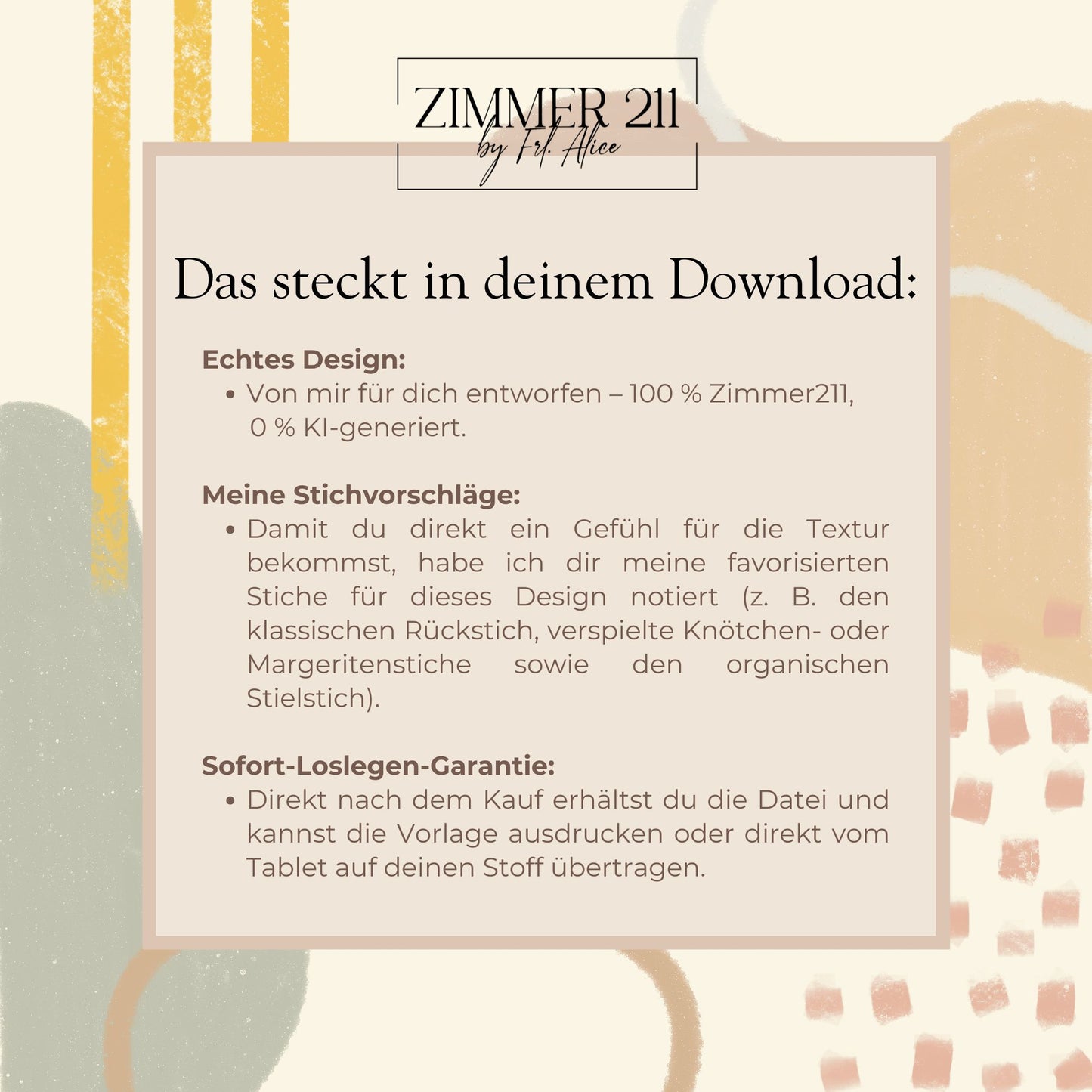 Infografik von Zimmer211 zum Inhalt des Stickvorlage-Downloads: 100 % handentworfenes Design, persönliche Stichvorschläge (z. B. Rückstich, Knötchenstich) und Sofort-Download als digitale PDF-Datei.