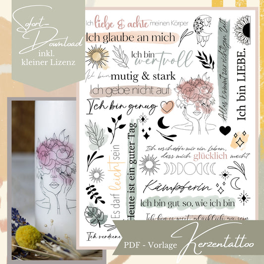 Digitale Druckvorlage für Kerzensticker mit farbigen Akzenten in Pastelltönen, inklusive Affirmationen zur Selbstliebe und einer Line-Art Illustration einer Frau mit Blumenhaaren.