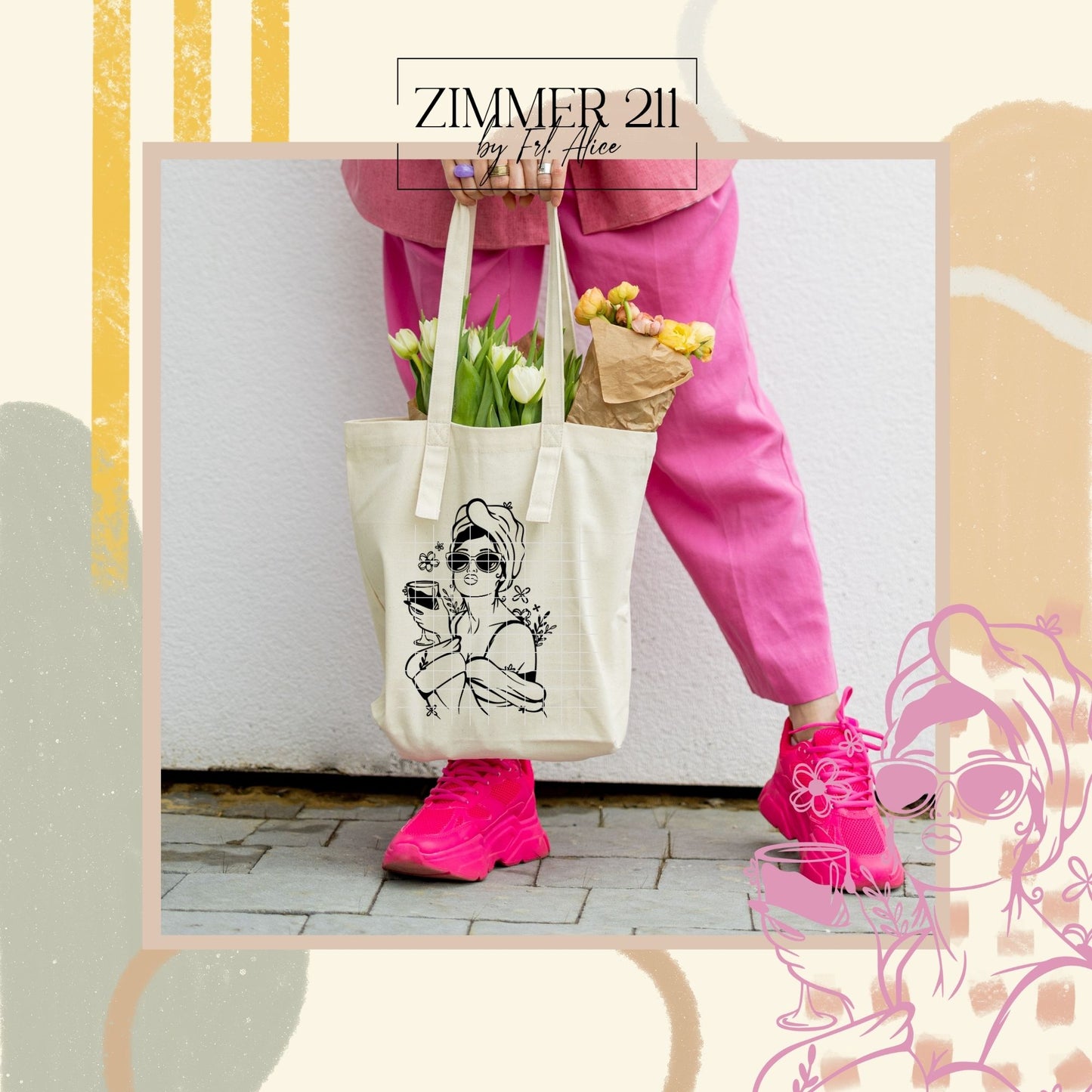 Eine Frau trägt eine helle Stofftasche mit einem großen schwarzen Aufdruck einer Lady mit Sonnenbrille und Weinglas. Stylisches Accessoire für den Alltag oder Mädelsabend.