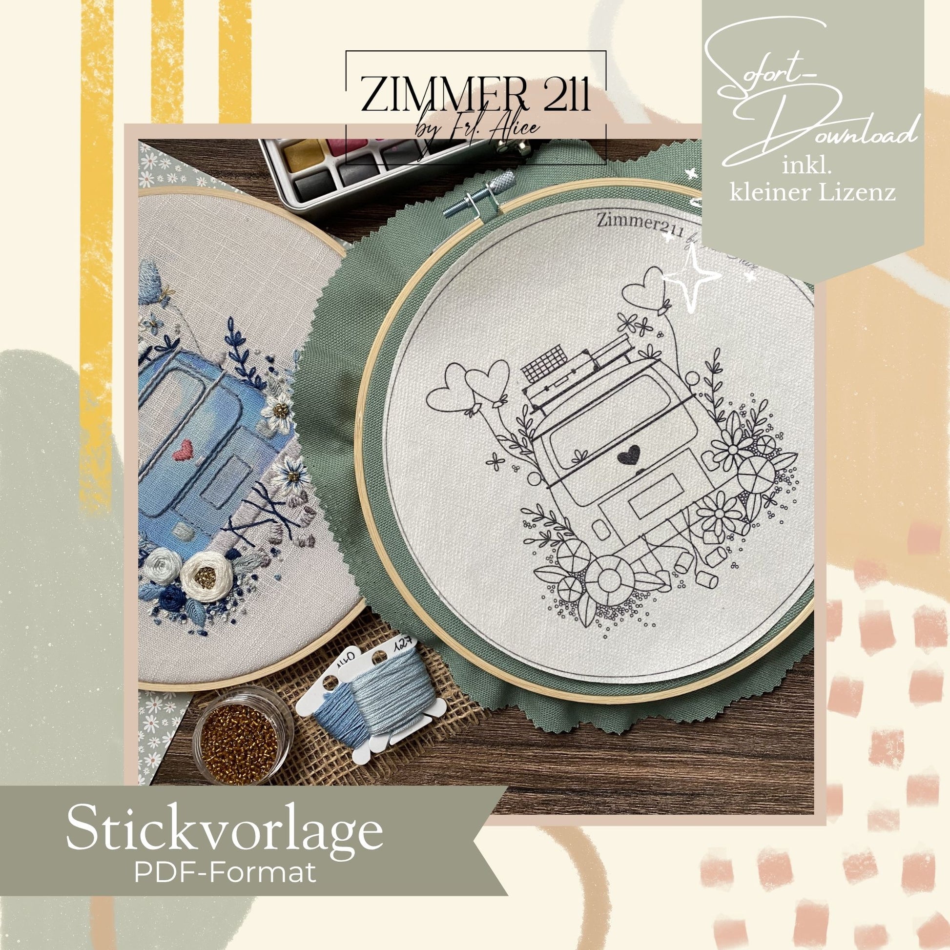 Stickvorlage als PDF-Download von Zimmer211: Ein gesticktes Motiv mit einem Vintage-Hochzeitsbus, Blumen und Herz-Luftballons in einem Stickrahmen, daneben Garn und Perlen auf einem Holztisch.