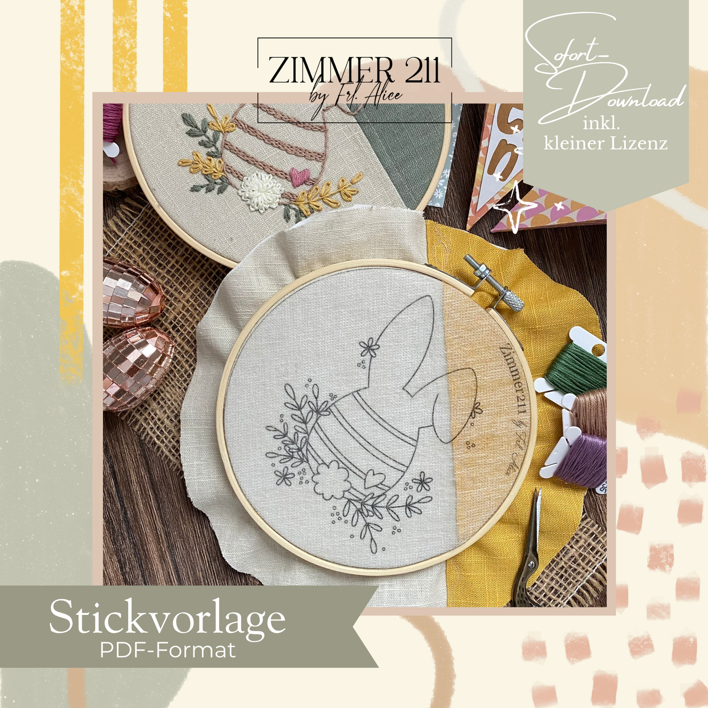 Digitale Stickvorlage Ostern | DIY Stickmuster für 15 cm Rahmen | PDF