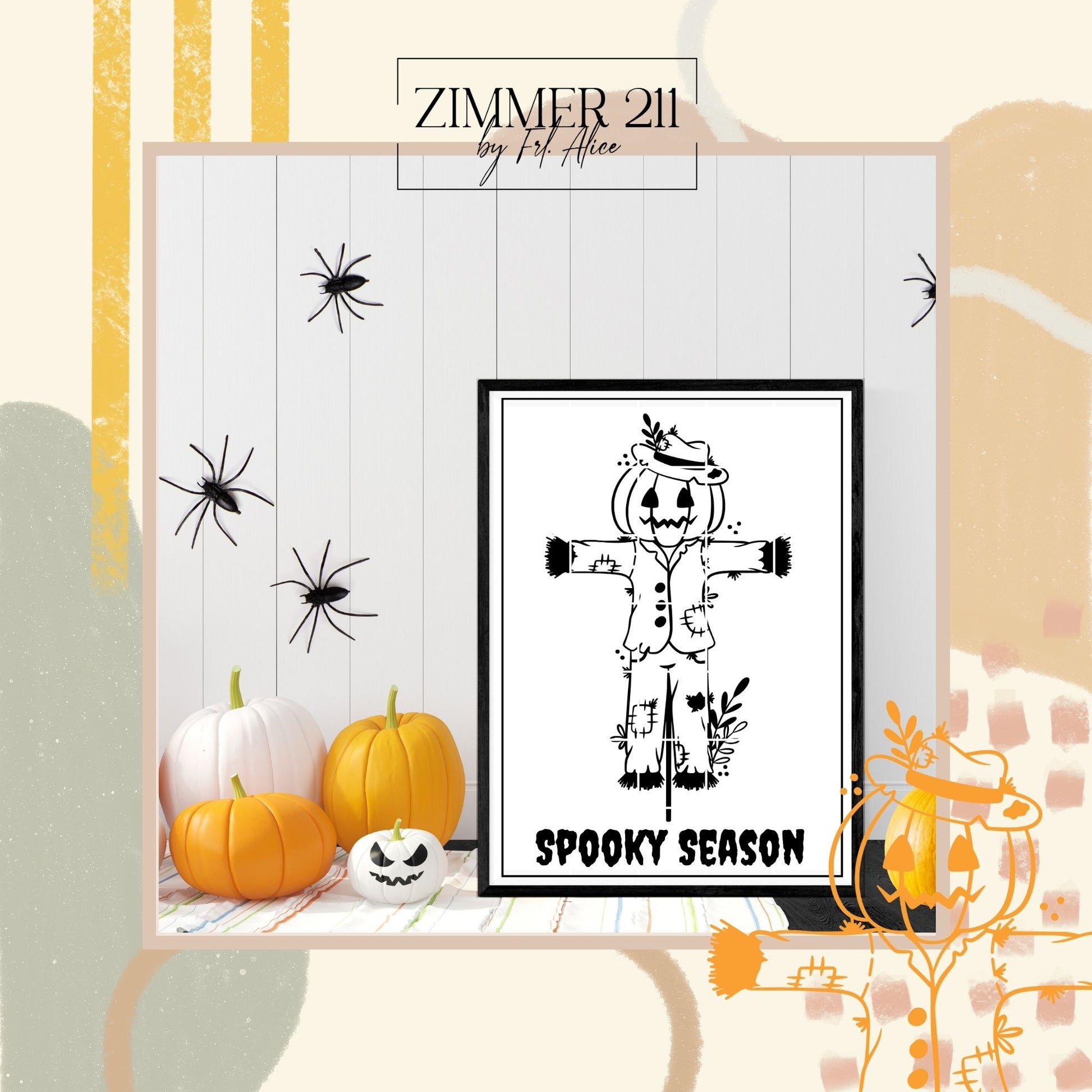 Eingerahmtes Poster-Mockup mit dem Schriftzug Spooky Season und einer illustrierten Vogelscheuche neben weißen und orangefarbenen Kürbissen.