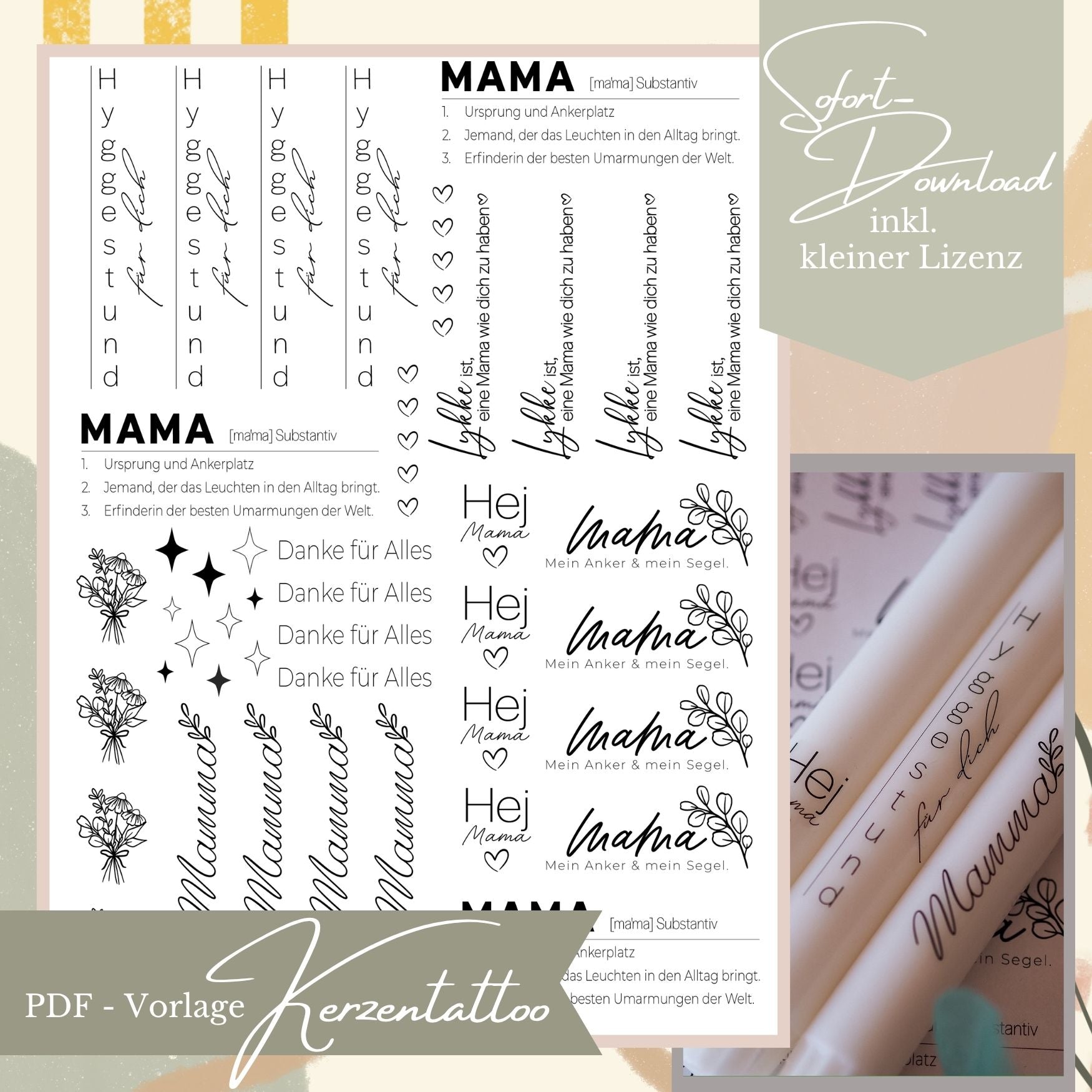 Übersicht der PDF-Druckvorlage für Kerzentattoos zum Muttertag mit über 30 Motiven wie Mama-Definition, Lykke und Hej Mama von zimmer211.