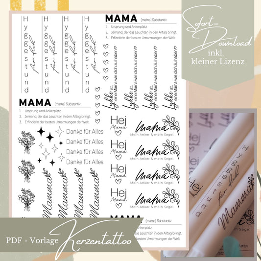 Übersicht der PDF-Druckvorlage für Kerzentattoos zum Muttertag mit über 30 Motiven wie Mama-Definition, Lykke und Hej Mama von zimmer211.