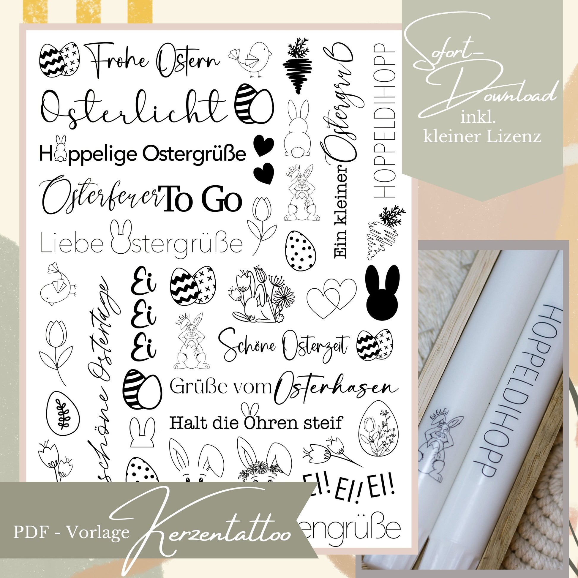 Digitale PDF-Druckvorlage für Oster-Kerzentattoos in Schwarz-Weiß mit Schriftzügen wie Osterlicht, Hoppeldihopp und süßen Hasen-Illustrationen