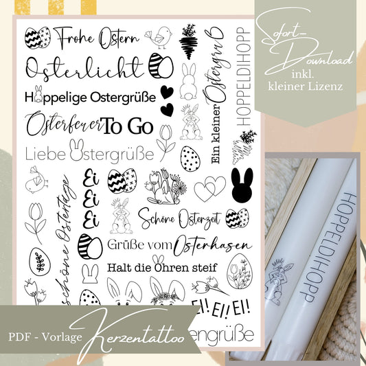 Digitale PDF-Druckvorlage für Oster-Kerzentattoos in Schwarz-Weiß mit Schriftzügen wie Osterlicht, Hoppeldihopp und süßen Hasen-Illustrationen