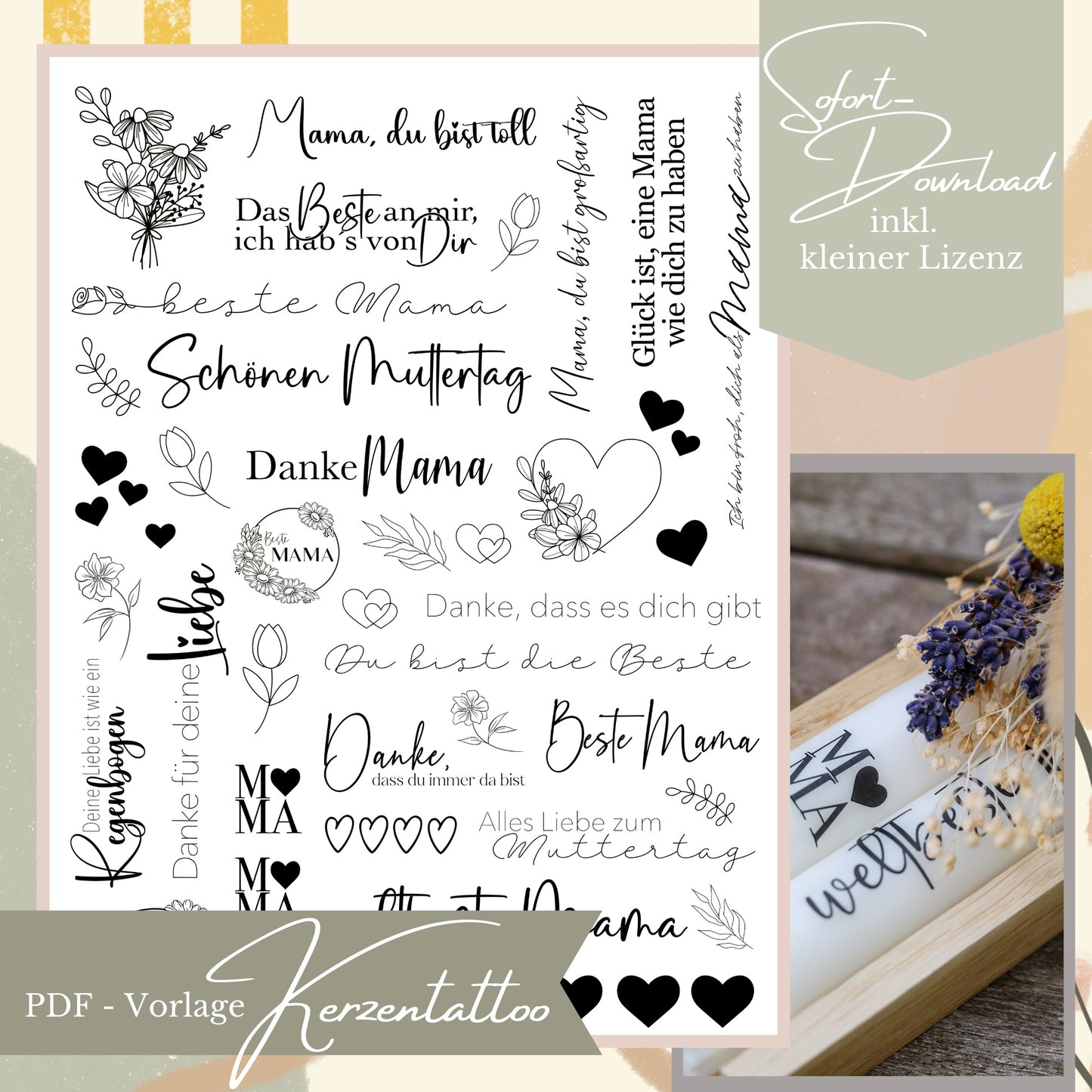 Bogen mit Kerzentattoos für den Muttertag, monochrome Schriftzüge und florale Line-Art.