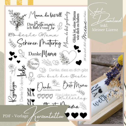 Bogen mit Kerzentattoos für den Muttertag, monochrome Schriftzüge und florale Line-Art.