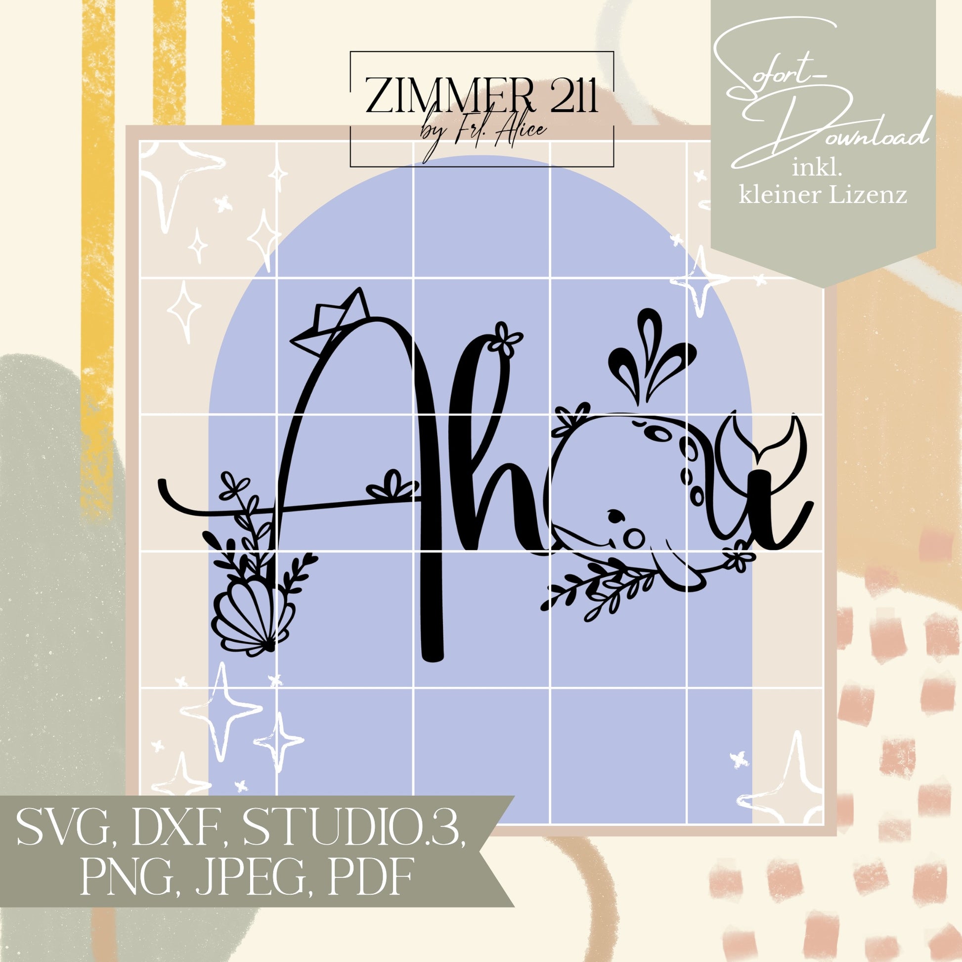 Plotterdatei Ahoi Schriftzug mit Wal, Papierboot und Muschel Illustration – SVG DXF Bundle von Zimmer 211.