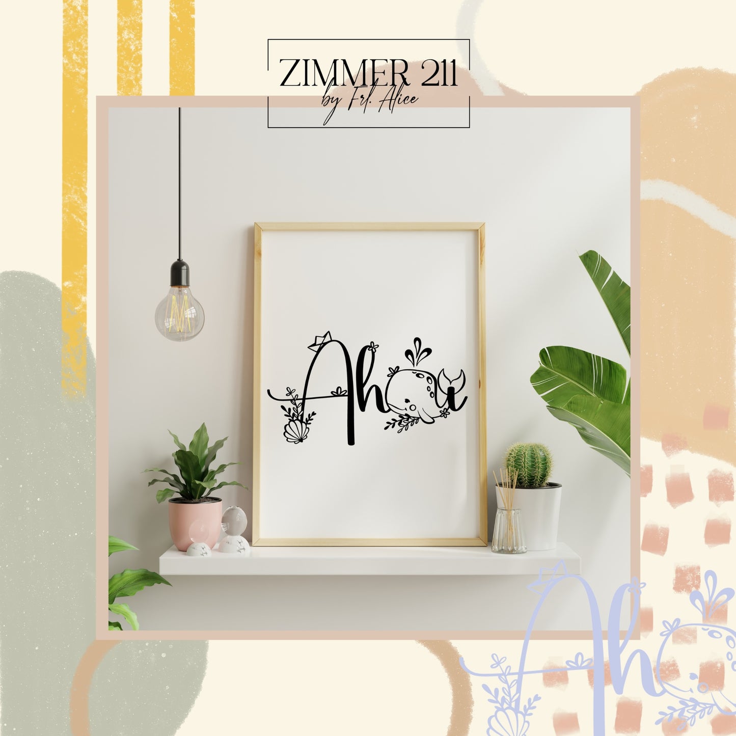 Maritimes Poster in einem Holzrahmen mit Ahoi-Schriftzug und Wal-Grafik als Kinderzimmer-Dekoration.