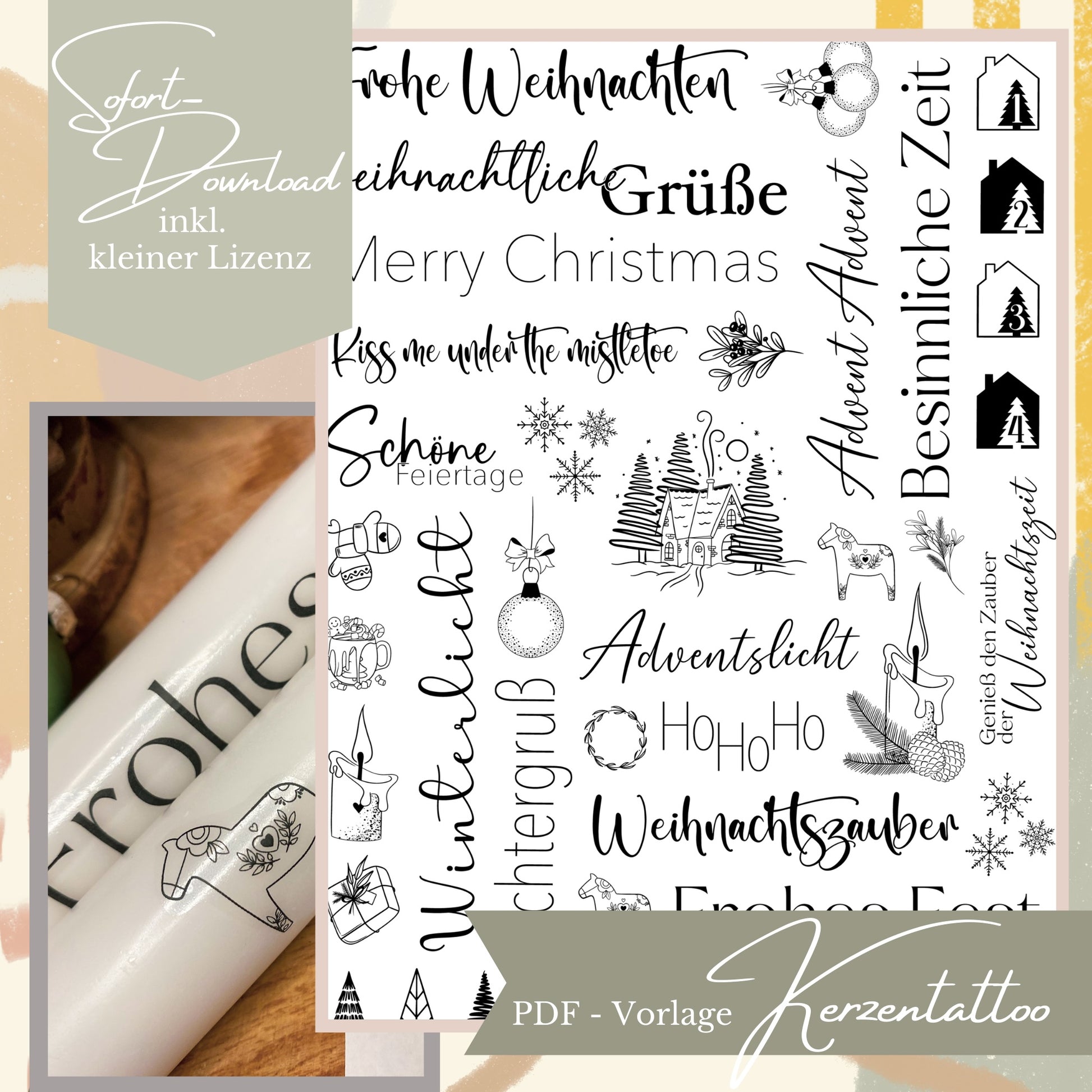 Druckvorlage für Kerzen-Wasserschiebefolie in Schwarz-Weiß mit skandinavischen Motiven, Dala-Pferden, Schneeflocken und weihnachtlichen Schriftzügen.