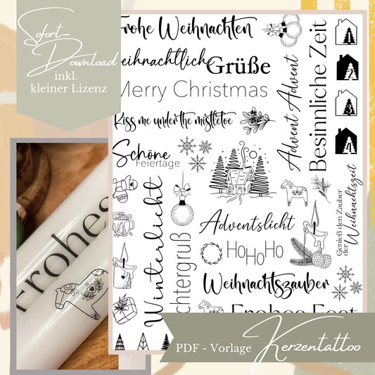 Druckvorlage für Kerzen-Wasserschiebefolie in Schwarz-Weiß mit skandinavischen Motiven, Dala-Pferden, Schneeflocken und weihnachtlichen Schriftzügen.
