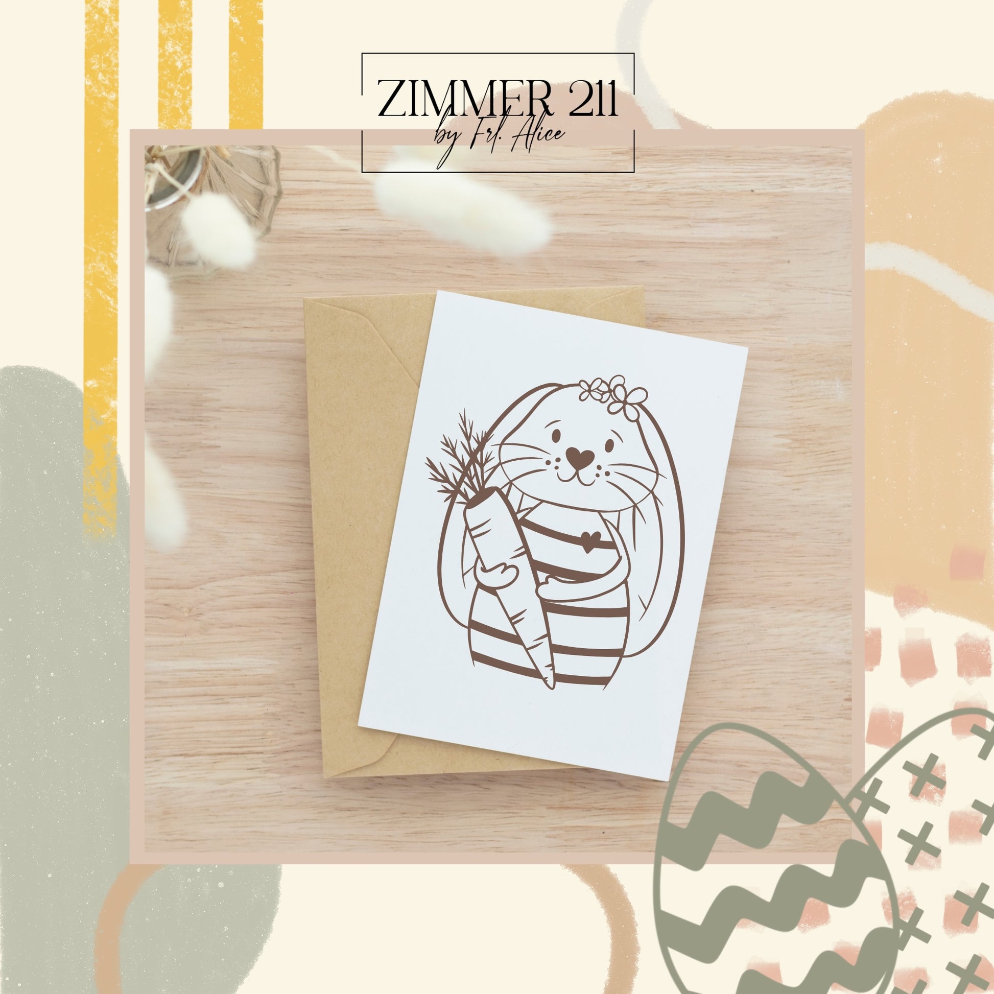 DIY-Idee für Ostern: Eine handgemachte Grußkarte mit dem aufgedruckten Hasen-Motiv und einem Kraftpapier-Umschlag auf Holzhintergrund.