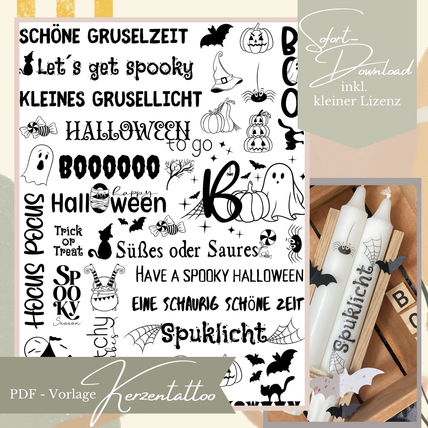 Digitale PDF-Vorlage für Halloween Kerzentattoos in Schwarz-Weiß mit Schriftzügen wie Spuklicht, Süßes oder Saures und Grusel-Motiven