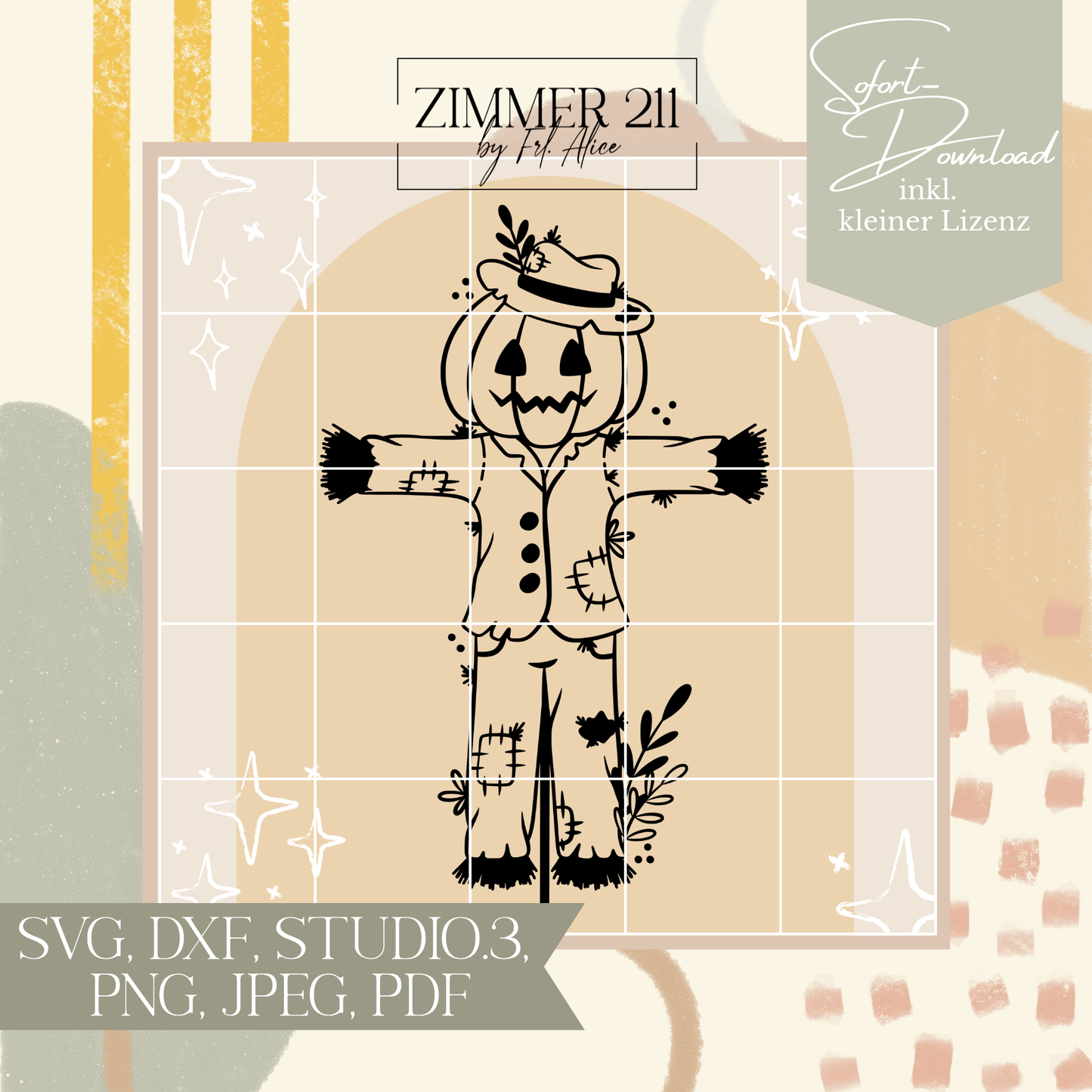 Digitale Grafik einer illustrierten Halloween-Vogelscheuche mit Kürbiskopf und Hut, inklusive Dateiformaten wie SVG, DXF und PNG.