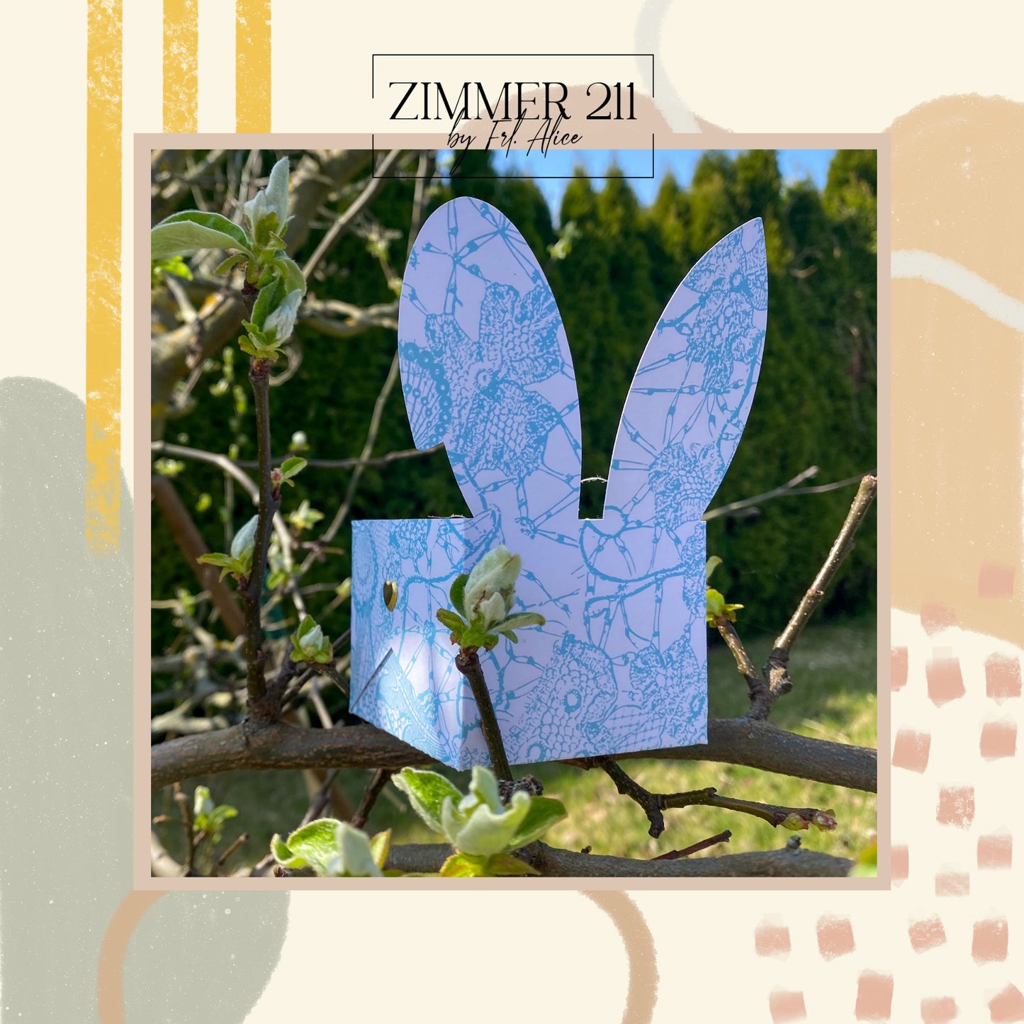 DIY Hasen-Geschenkbox aus blau gemustertem Papier, geplottet und dekoriert als nachhaltige Osterverpackung für kleine Geschenke.
