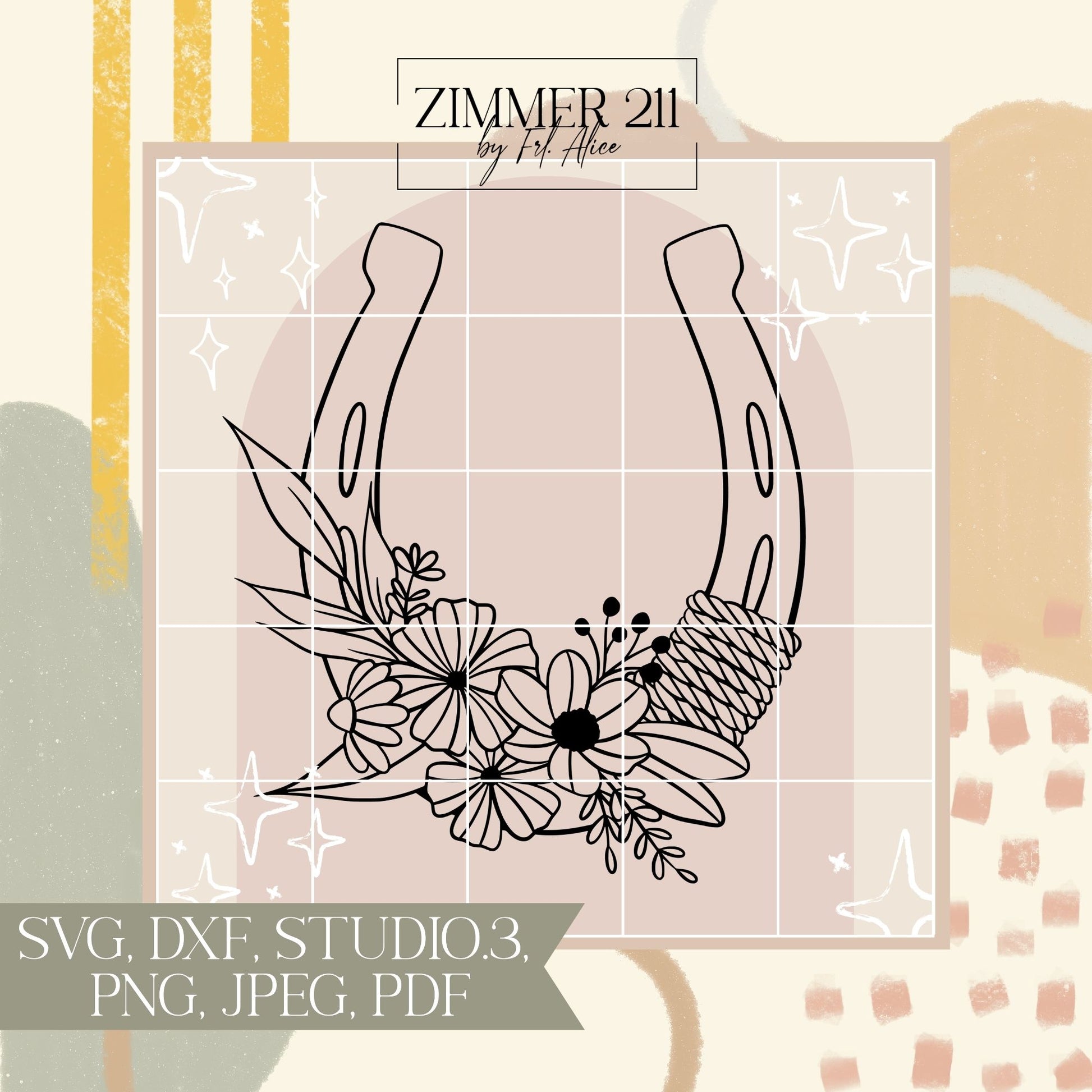 Plotterdatei florales Hufeisen mit Blumen und Seil-Element – Handgezeichnete Illustration von Zimmer 211 als SVG und DXF Set.
