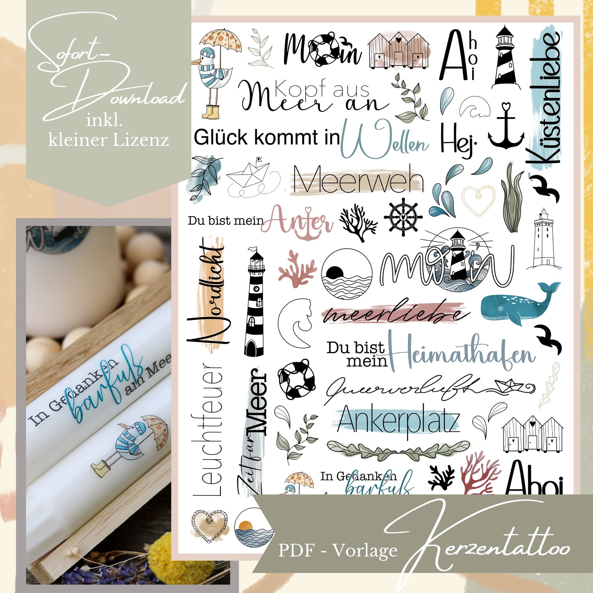 Übersicht einer Kerzensticker-Vorlage mit farbigen Aquarell-Illustrationen, einem blauen Wal, Möwen und Sprüchen wie „Glück kommt in Wellen“ und „Meerverliebt“ für DIY-Kerzen.