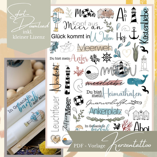 Übersicht einer Kerzensticker-Vorlage mit farbigen Aquarell-Illustrationen, einem blauen Wal, Möwen und Sprüchen wie „Glück kommt in Wellen“ und „Meerverliebt“ für DIY-Kerzen.