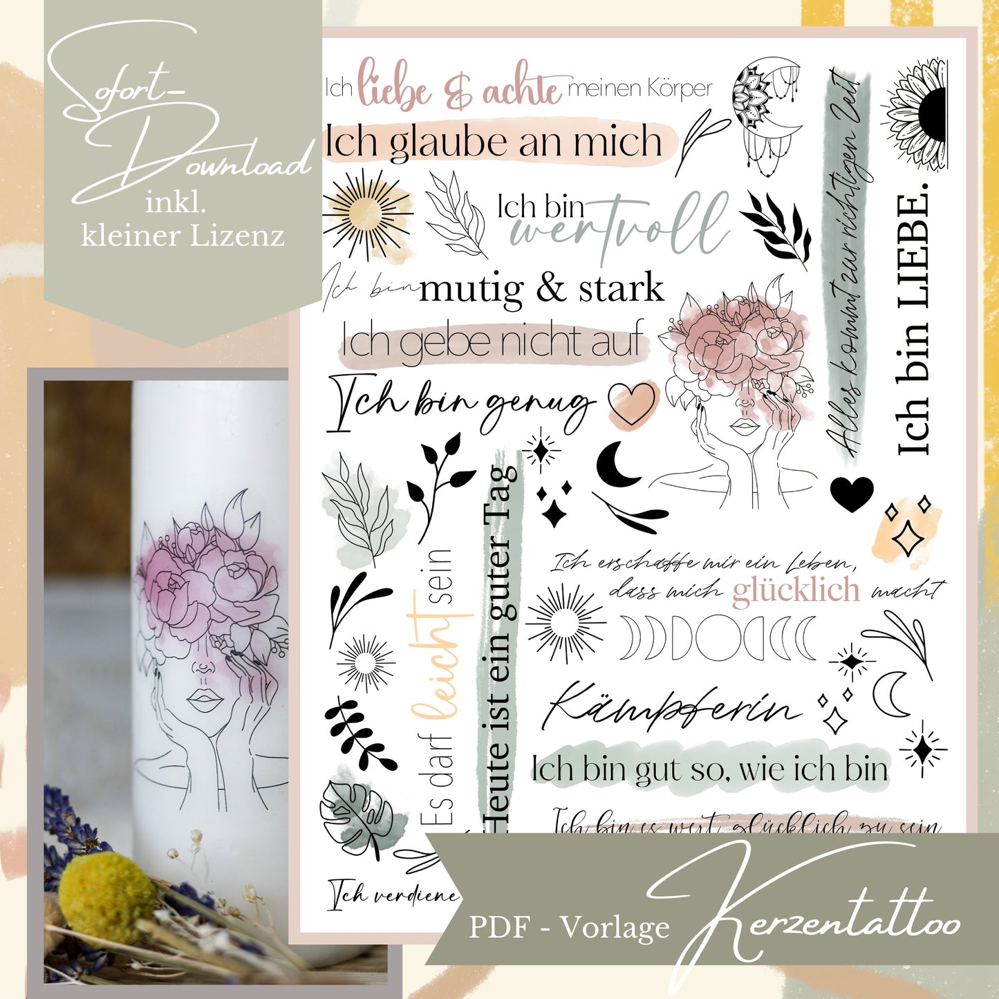 Digitale Druckvorlage für Kerzensticker mit farbigen Akzenten in Pastelltönen, inklusive Affirmationen zur Selbstliebe und einer Line-Art Illustration einer Frau mit Blumenhaaren.