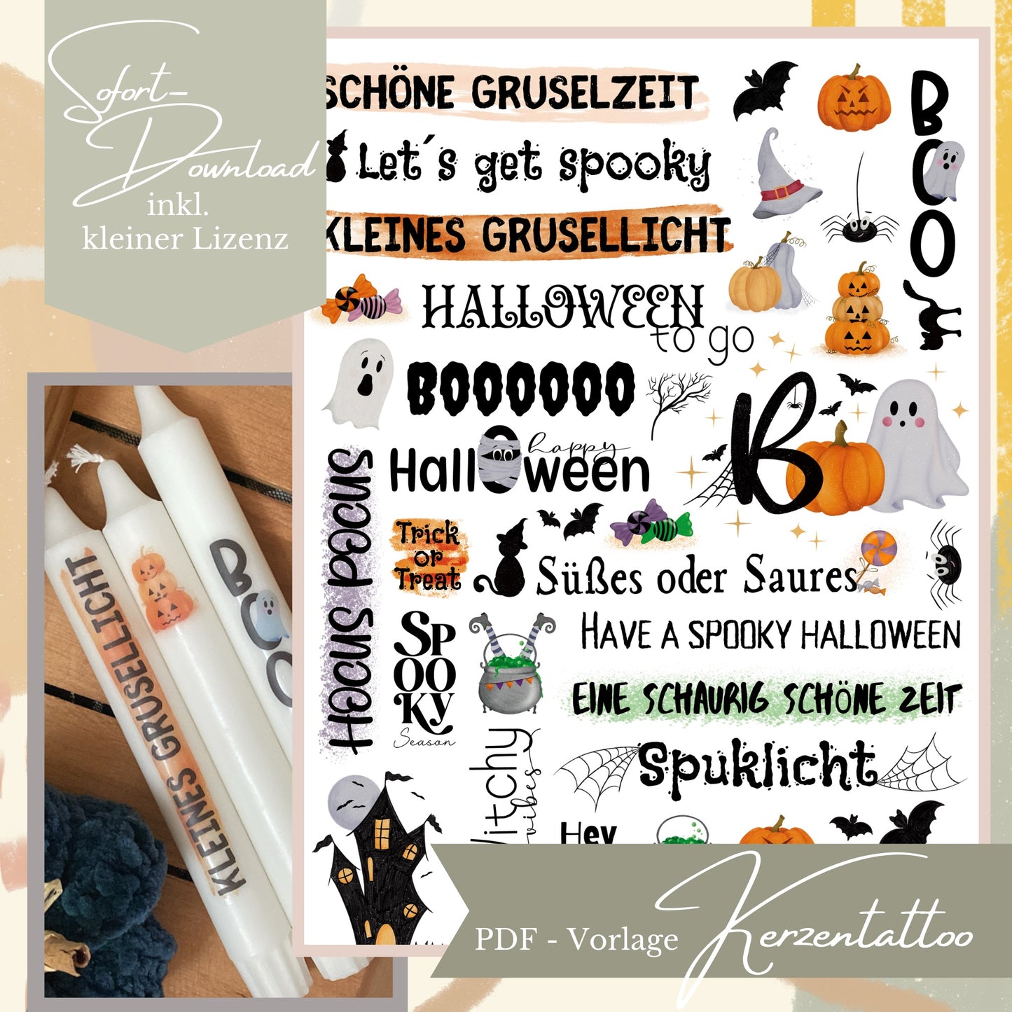 Bunte Halloween Kerzensticker Vorlage zum Ausdrucken mit farbigen Kürbissen, Geistern, Hexenhüten und Sprüchen für Wasserschiebefolie