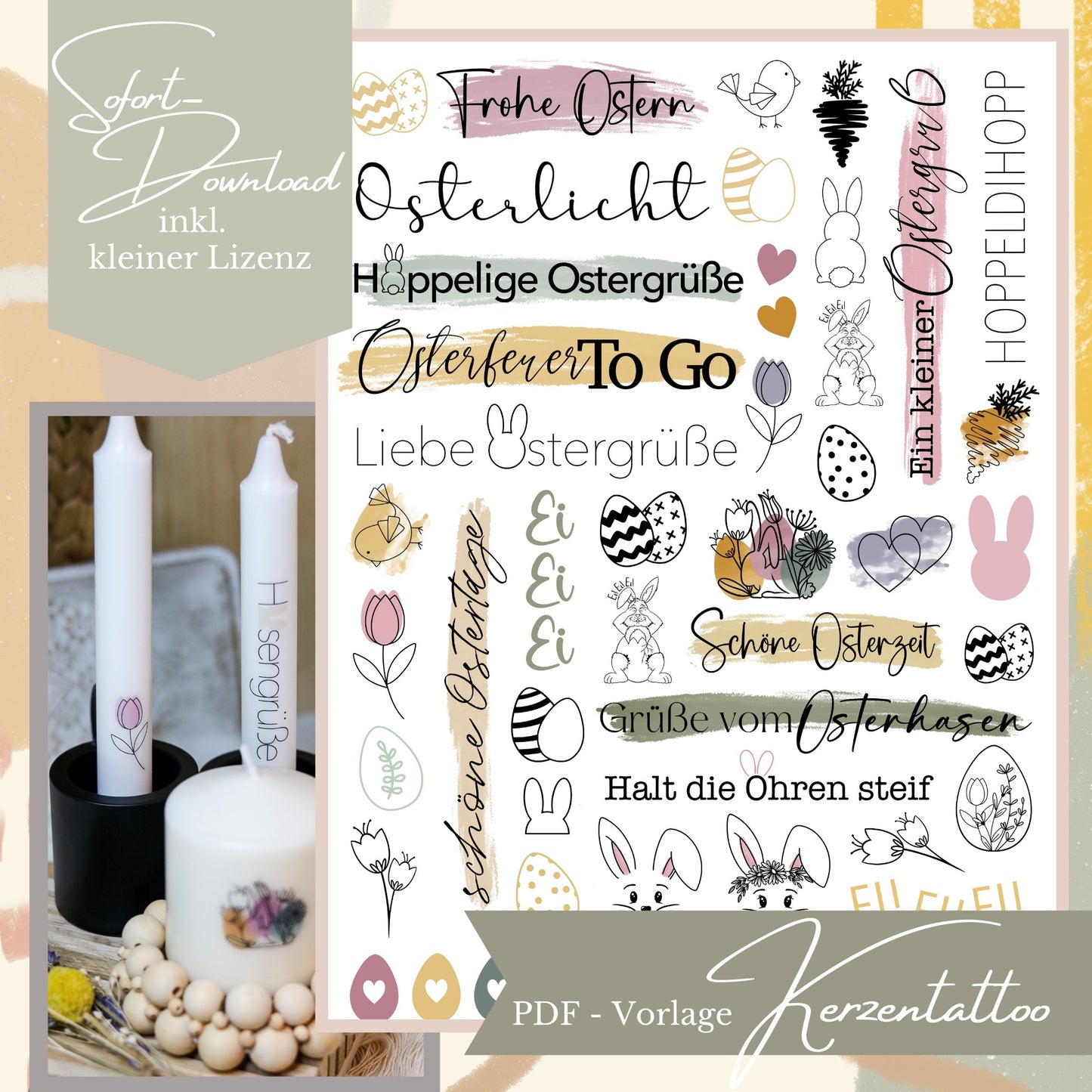 Bunte Kerzensticker-Vorlage für Ostern mit farbig hinterlegten Sprüchen, Tulpen, Ostereiern und Frühlingsmotiven zum Ausdrucken auf Wasserschiebefolie