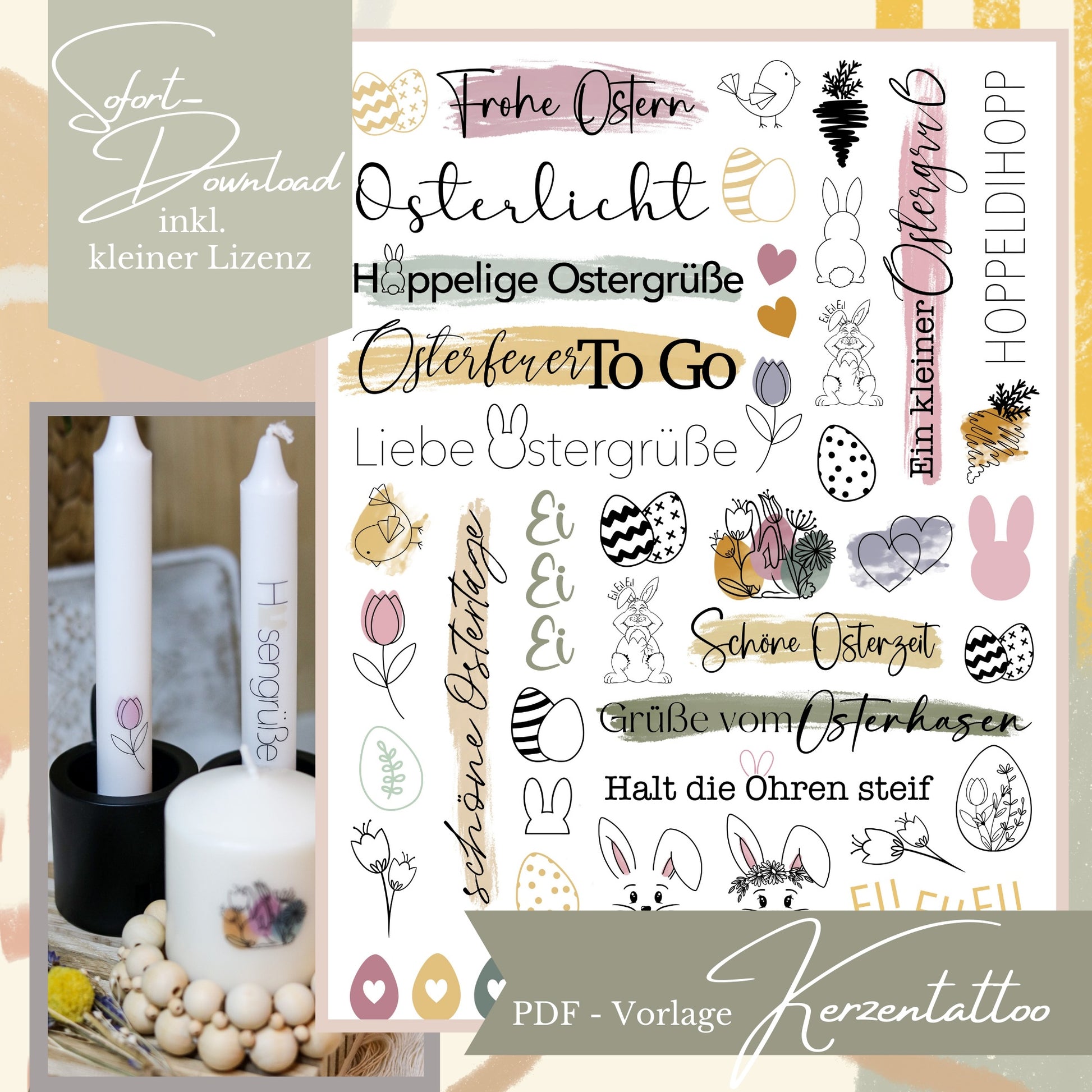 Bunte Kerzensticker-Vorlage für Ostern mit farbig hinterlegten Sprüchen, Tulpen, Ostereiern und Frühlingsmotiven zum Ausdrucken auf Wasserschiebefolie