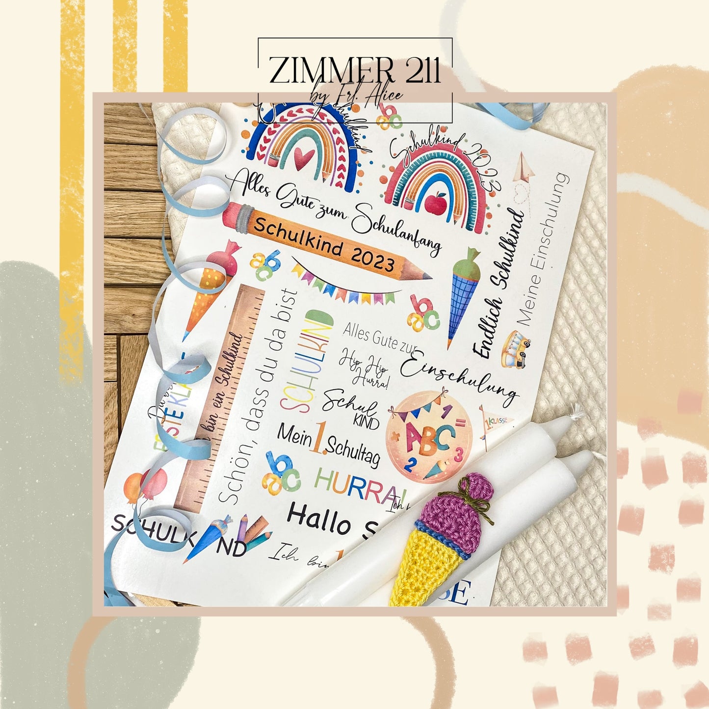 Kerzentattoo PDF-Vorlage zur Einschulung mit Regenbogen, Schultüte und Schulkind-Sprüchen.