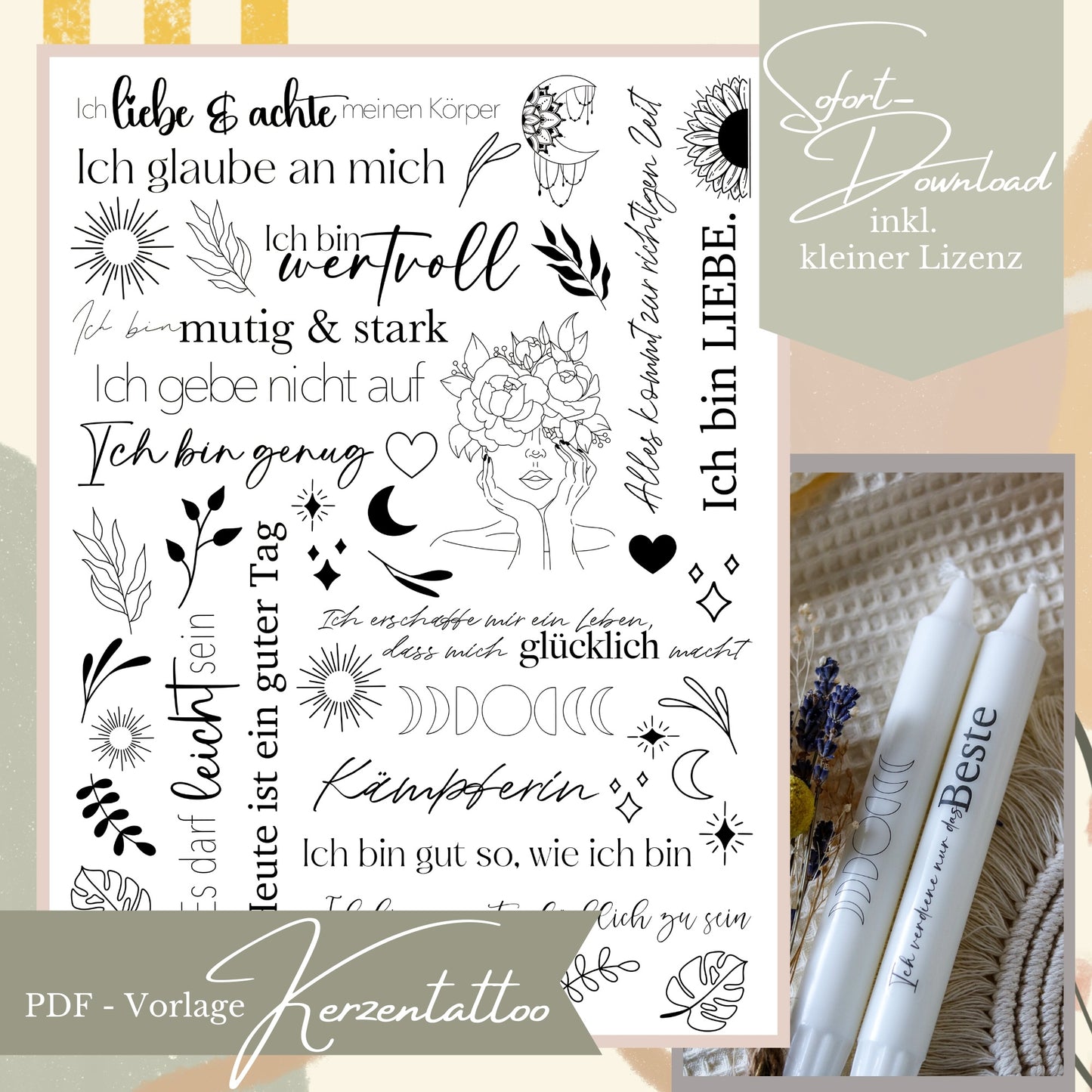 Übersicht einer PDF-Vorlage für Kerzentattoos mit verschiedenen schwarzen Sprüchen wie „Ich bin genug“ und „Ich bin wertvoll“ sowie Boho-Illustrationen von Blumen und Mondphasen.
