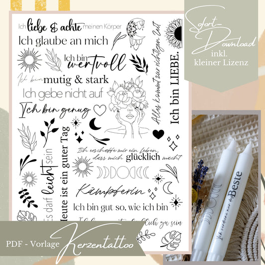 Übersicht einer PDF-Vorlage für Kerzentattoos mit verschiedenen schwarzen Sprüchen wie „Ich bin genug“ und „Ich bin wertvoll“ sowie Boho-Illustrationen von Blumen und Mondphasen.