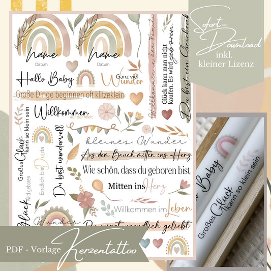 Übersicht der PDF-Vorlage für Kerzentattoos zur Geburt mit Regenbogen-Motiven, Blumen und Sprüchen wie Hallo Baby und Kleines Wunder.