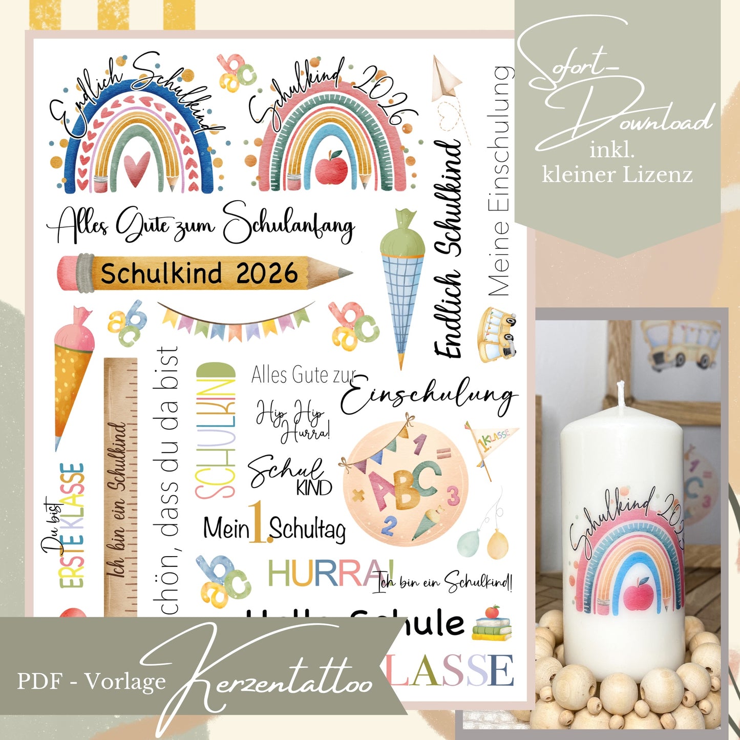 Kerzentattoo PDF-Vorlage zur Einschulung mit Regenbogen, Schultüte und Schulkind-Sprüchen.