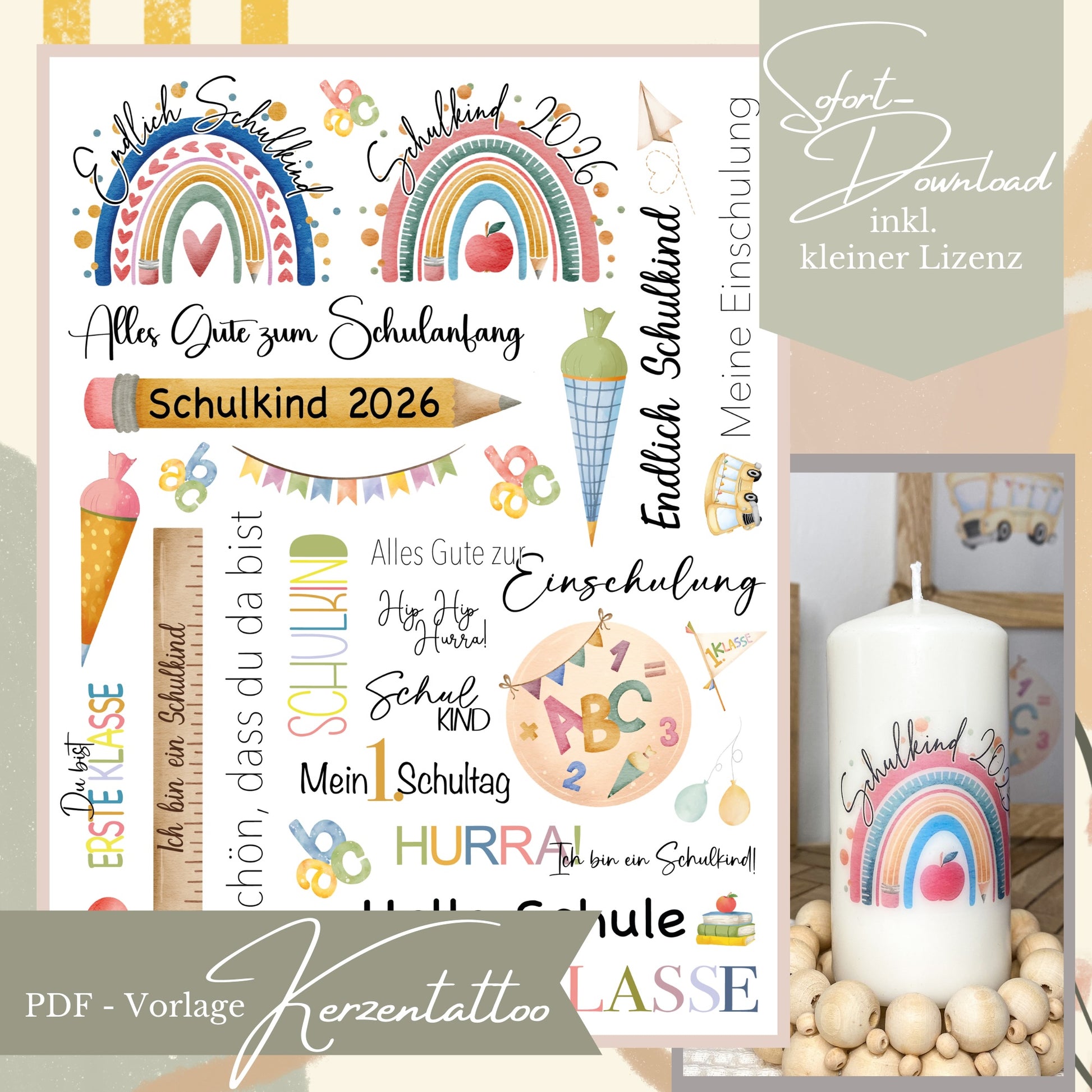 Kerzentattoo PDF-Vorlage zur Einschulung mit Regenbogen, Schultüte und Schulkind-Sprüchen.