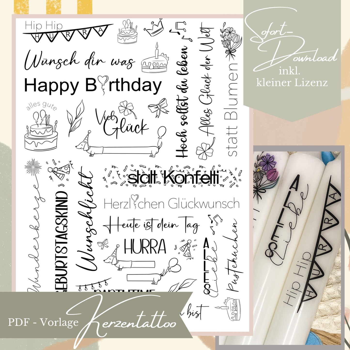 Digitale PDF-Vorlage für Kerzentattoos zum Geburtstag mit verschiedenen schwarzen Motiven wie Dackel, Geburtstagstorte, Schriftzügen 'Happy Birthday' und 'Wünsch dir was' auf weißem Hintergrund