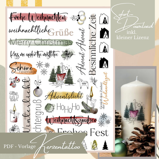 Digitale PDF-Vorlage für Kerzentattoos mit farbigen Weihnachtsillustrationen wie einem roten Winterhaus, Tannenbäumen und Sprüchen wie 'Frohe Weihnachten' und 'Merry Christmas'.