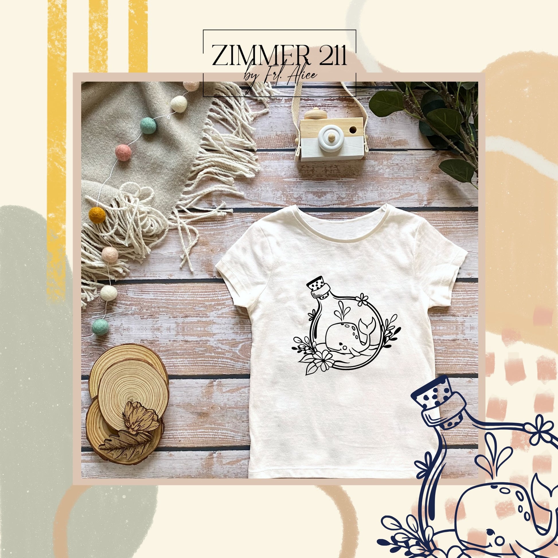 Weißes Kinder-T-Shirt mit schwarzem Wal-Aufdruck – Designbeispiel für maritime Kindermode.