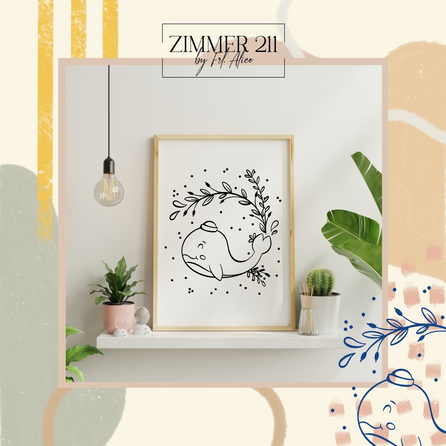 Modernes Wandbild im Holzrahmen mit Wal-Illustration Kinderzimmer Deko im minimalistischen Stil