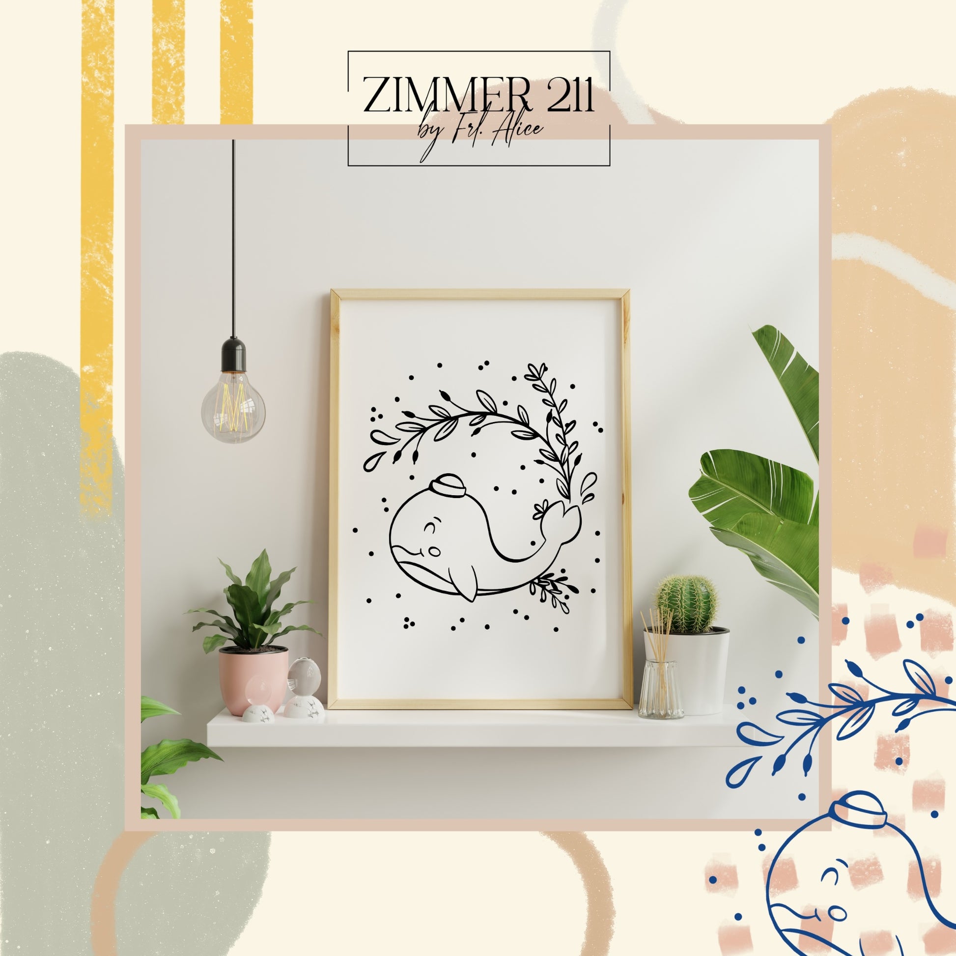 Modernes Wandbild im Holzrahmen mit Wal-Illustration Kinderzimmer Deko im minimalistischen Stil
