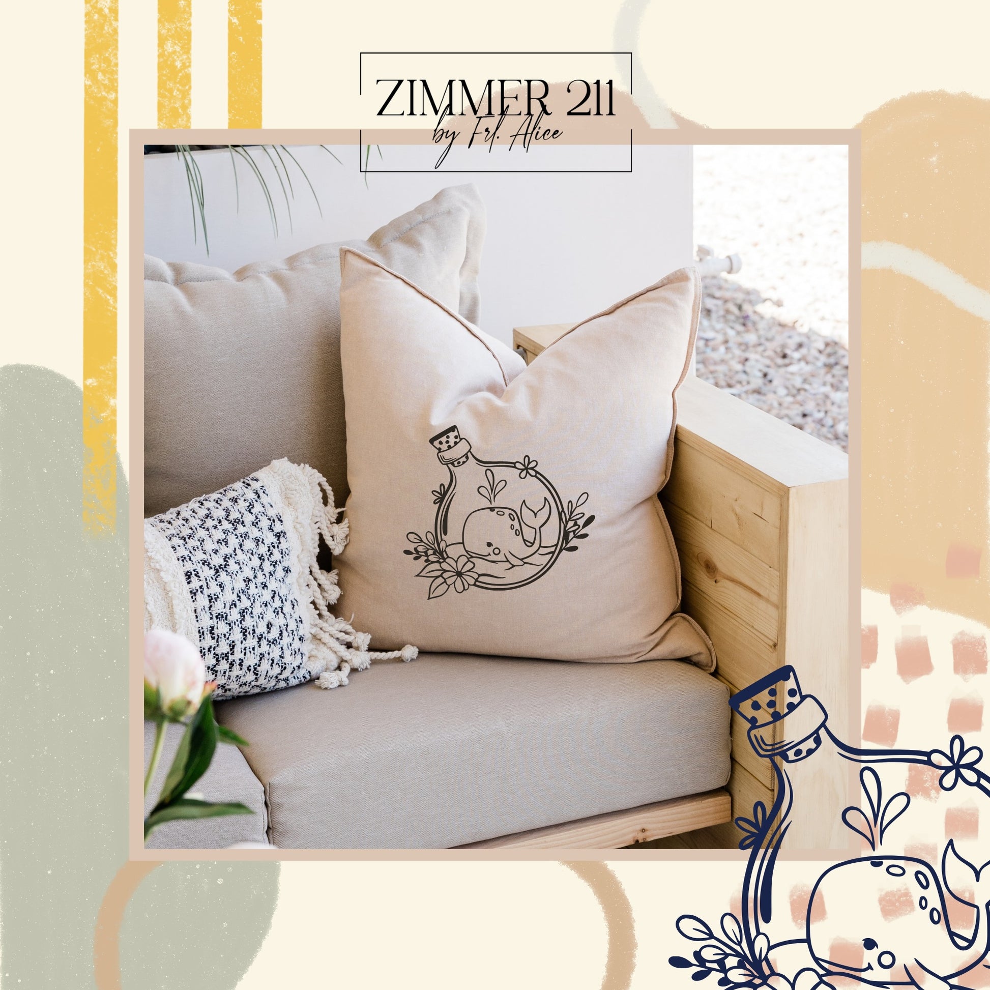 Beiges Dekokissen mit maritimem Wal-Motiv auf einem Sofa – Wohnidee für Küsten-Flair.