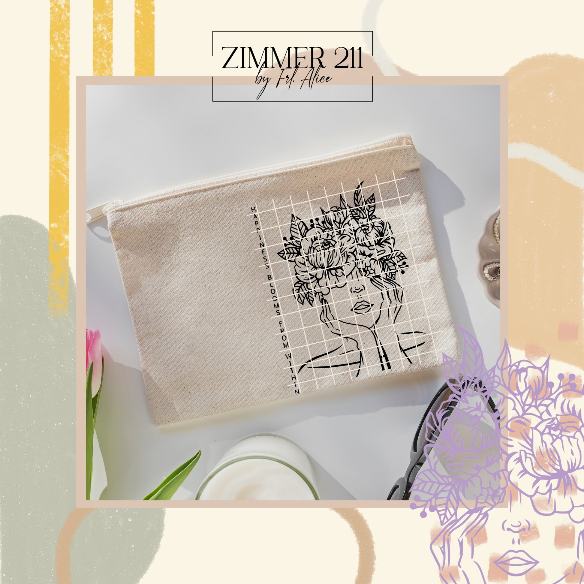 DIY-Geschenkidee: Eine kleine Kosmetiktasche aus Segeltuch, verziert mit der „Happiness blooms“-Grafik als schwarzer Aufdruck, dekoriert mit Tulpen und Sonnenbrille.