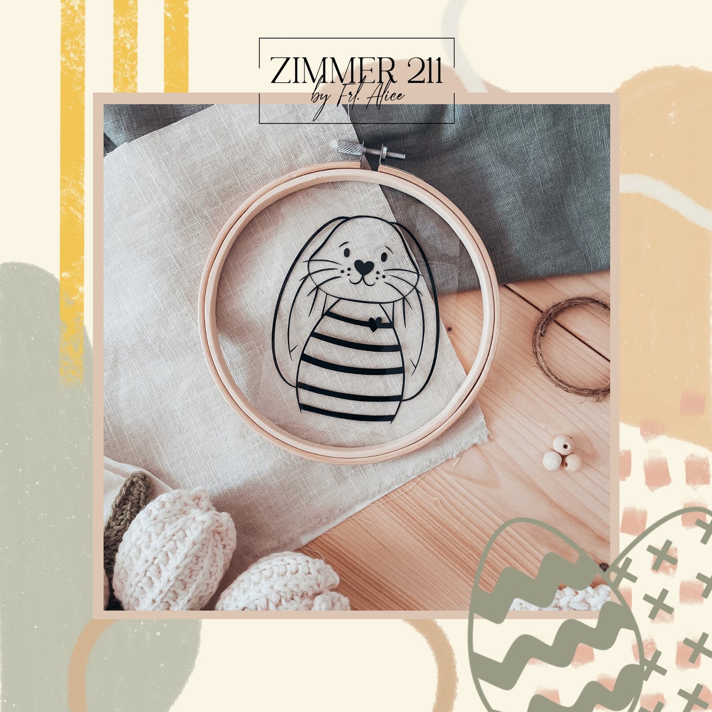 Detailaufnahme einer Plotterfolie auf transparentem Untergrund in einem Stickrahmen, Motiv: Kleiner Hase von Zimmer 211.