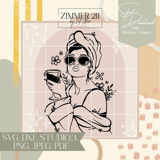Plotterdatei einer Frau mit Sonnenbrille, Turban und einem Glas Wein im Line-Art-Stil. Digitale Grafik verfügbar als SVG, DXF, PNG, JPEG und PDF für kreative DIY-Projekte.