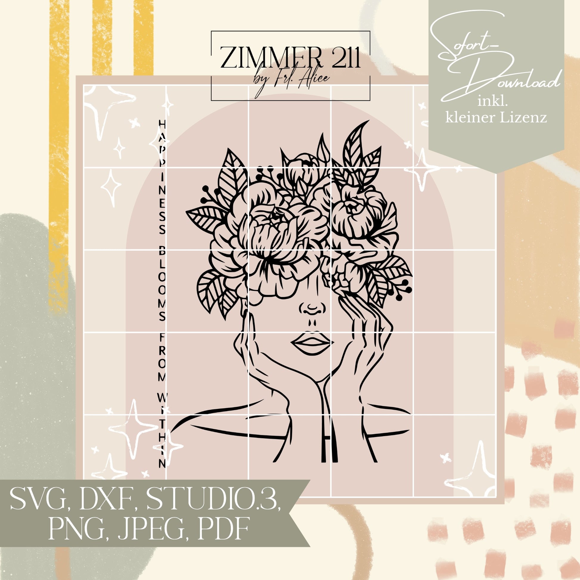 Plotterdatei einer Frau im Line-Art-Stil mit einem opulenten Kopfschmuck aus Pfingstrosen und dem vertikalen Schriftzug „Happiness blooms from within“ von Zimmer 211.