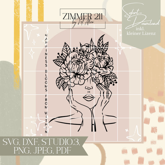 Plotterdatei einer Frau im Line-Art-Stil mit einem opulenten Kopfschmuck aus Pfingstrosen und dem vertikalen Schriftzug „Happiness blooms from within“ von Zimmer 211.