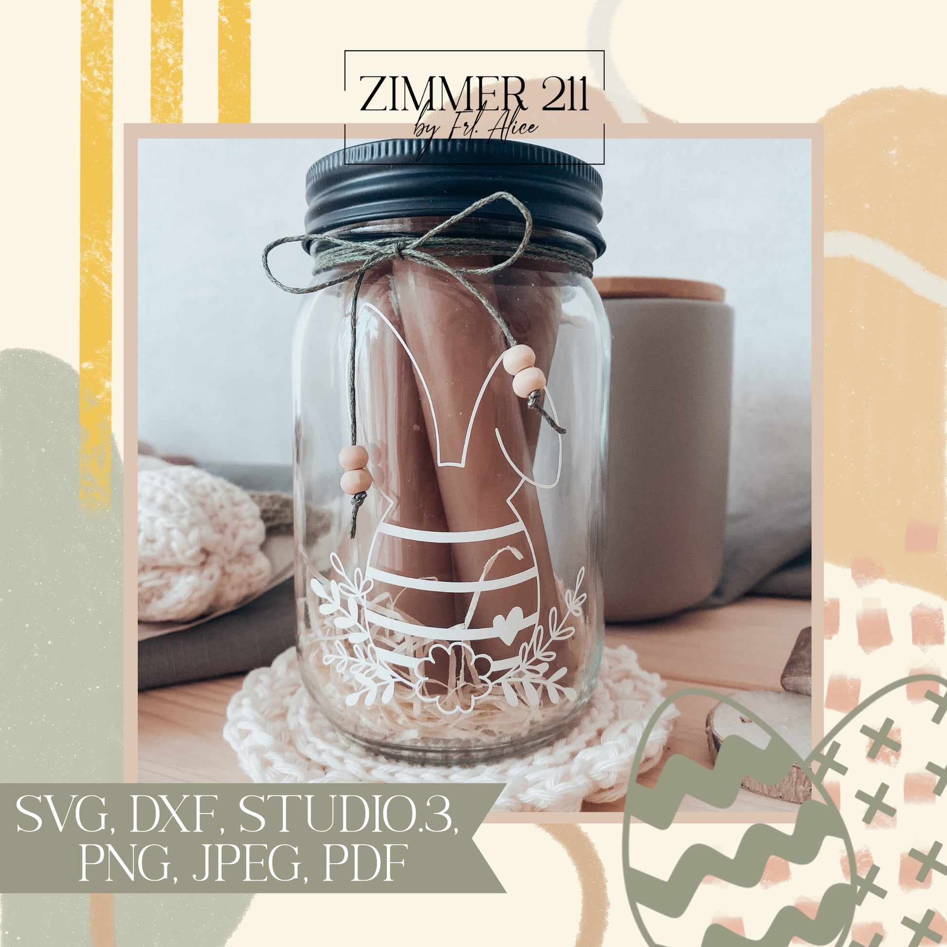 Maritimes Vorratsglas mit weißem Oster-Aufkleber Hasenei und Blumen – DIY Idee von Zimmer 211.