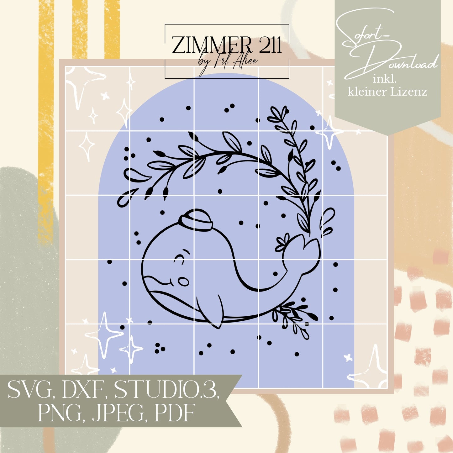 Digitale Plotterdatei Wal mit Blumenkranz Übersicht Dateiformate SVG DXF PNG zimmer211