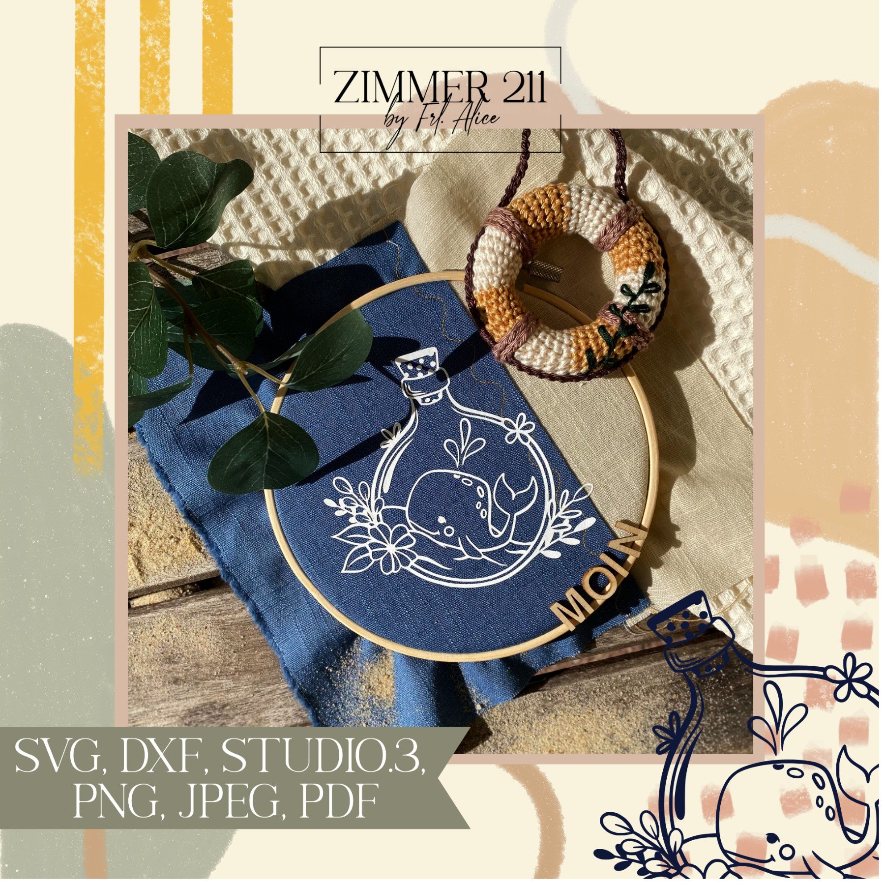 Maritime Plotterdatei Wal in der Flasche mit "Moin" Schriftzug auf blauem Stoff im Stickrahmen.