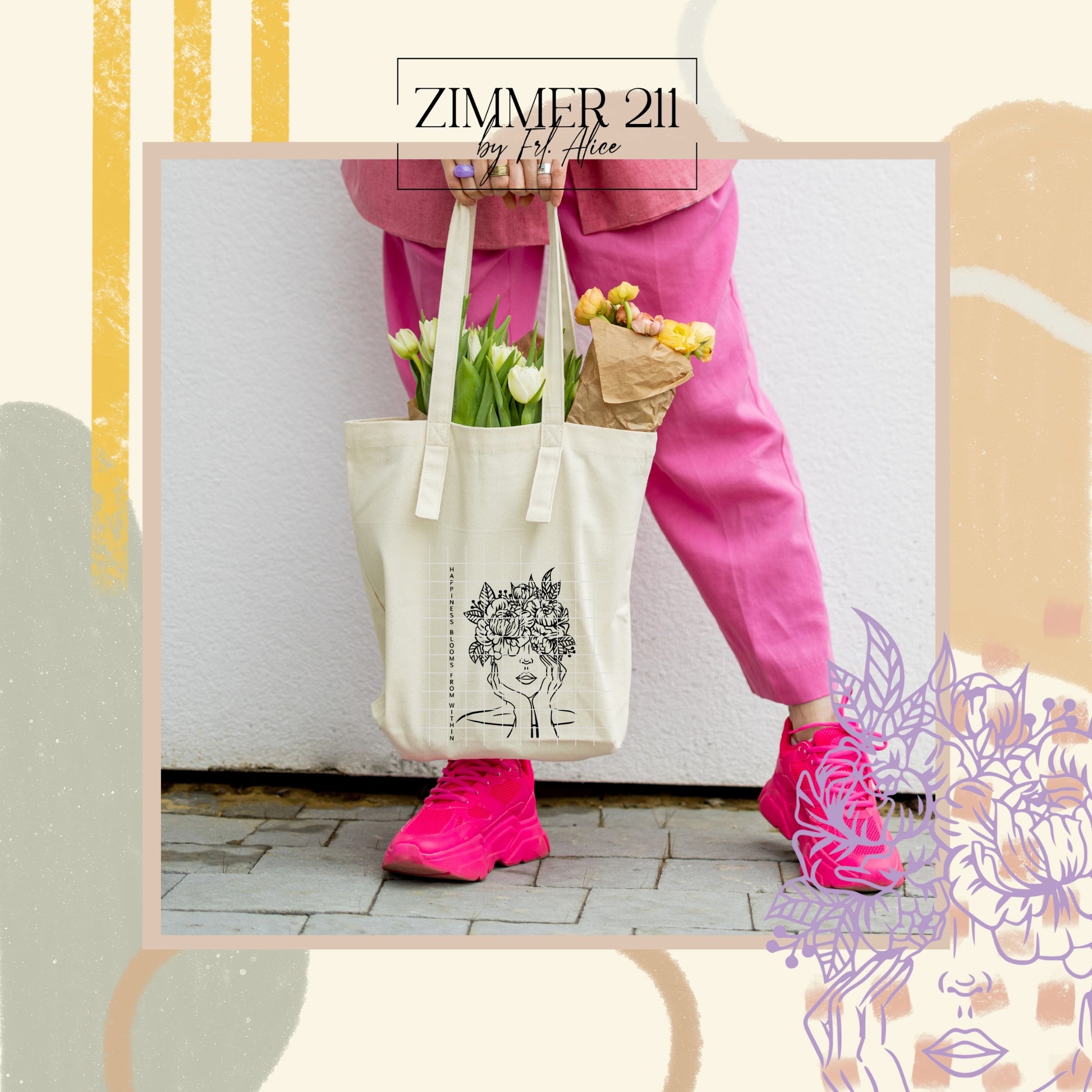 Anwendungsbeispiel für Textil-Plot: Ein naturfarbener Jutebeutel mit dem aufgebügelten Blumenfrau-Motiv, getragen zu einem modischen Outfit in Pink.