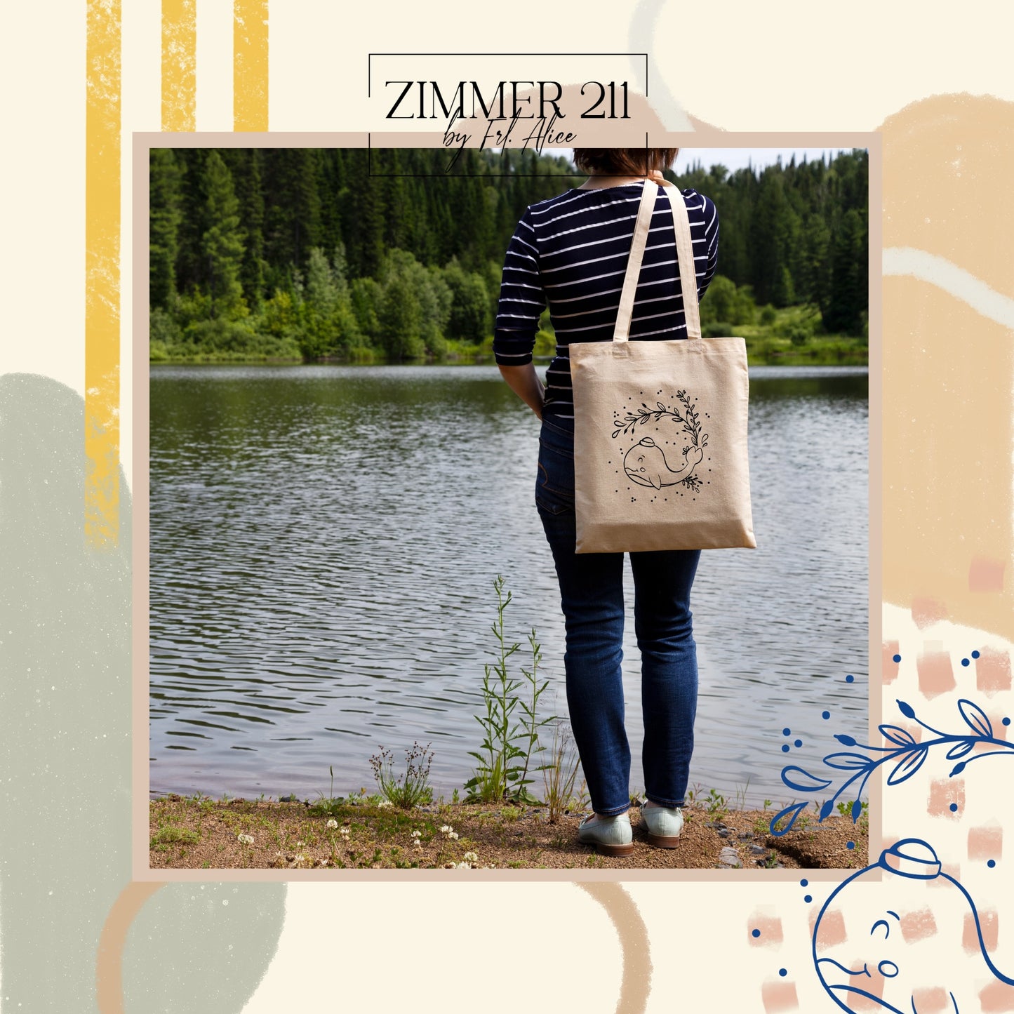 Beigefarbene Stofftasche mit Wal-Motiv geplottet maritimes Accessoire am See zimmer211